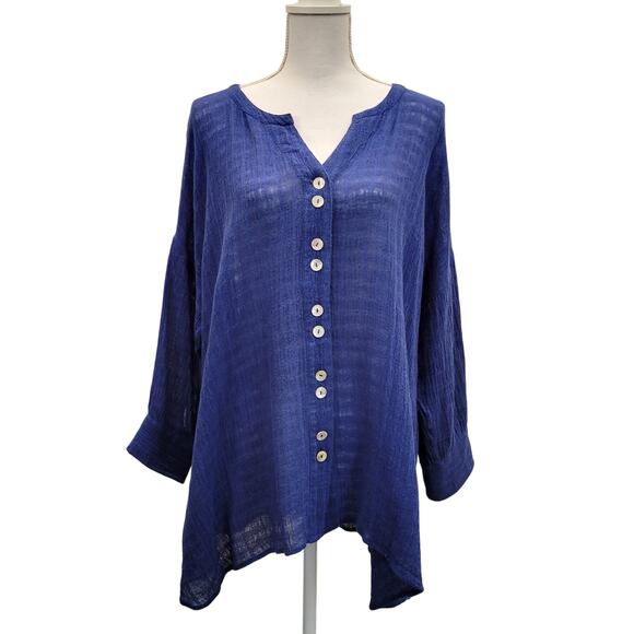 Soft Surroundings Blouse Top Women's Small Blue Button Down Sheer Linen Cover Up - Picture 1 of 10
